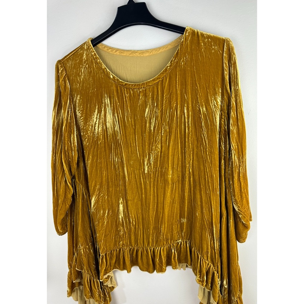 Hearts Desire Butterfly Top Long Velvet Gold Ruffle Asymmetric Tunic Medium - Picture 8 of 13